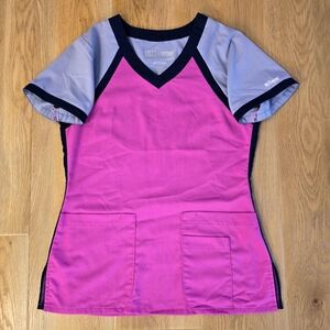 Grey’s Anatomy Active Scrub Top Womens XS Passion Pink Moonstruck Indigo V Neck